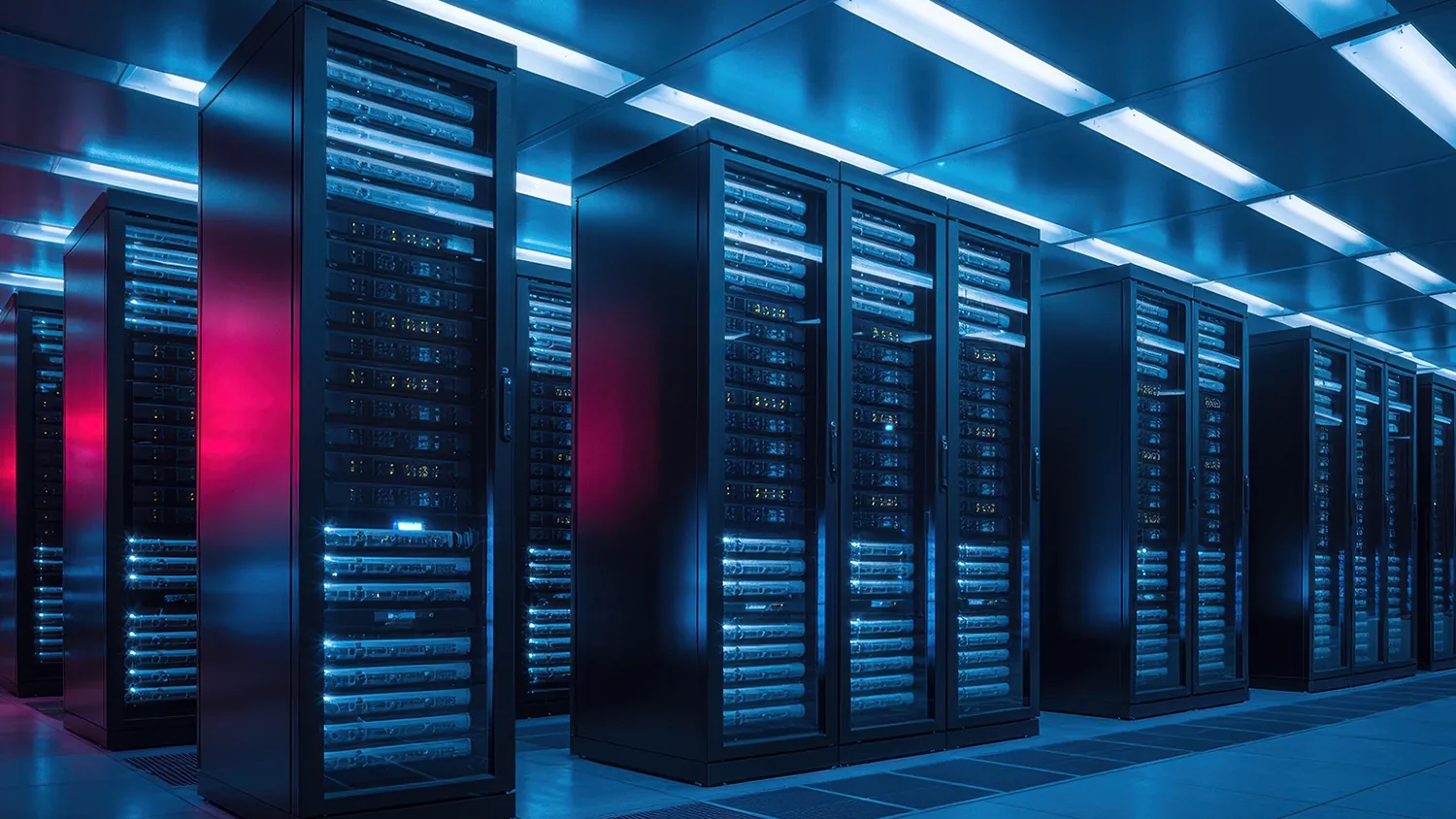 Two engineers with a laptop in a server room